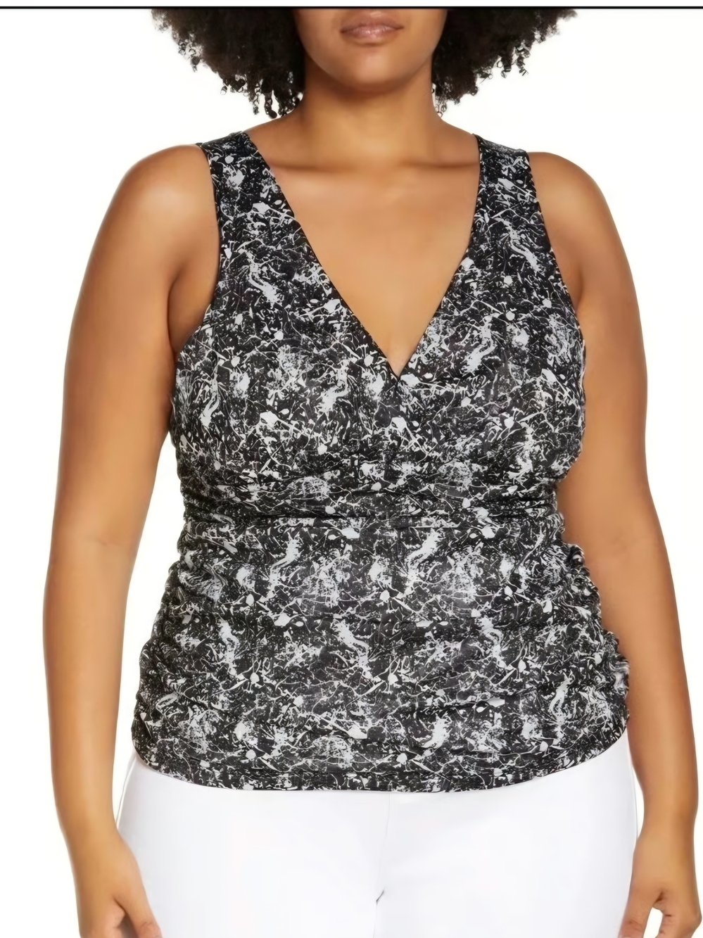 Dress Barn Women's Black and White Lace V-Neck Ruched Blouse Size Large